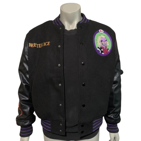 Beetlejuice Halloween Horror Haunted House Mens Varsity Embroidered Patch Jacket - Picture 9 of 11